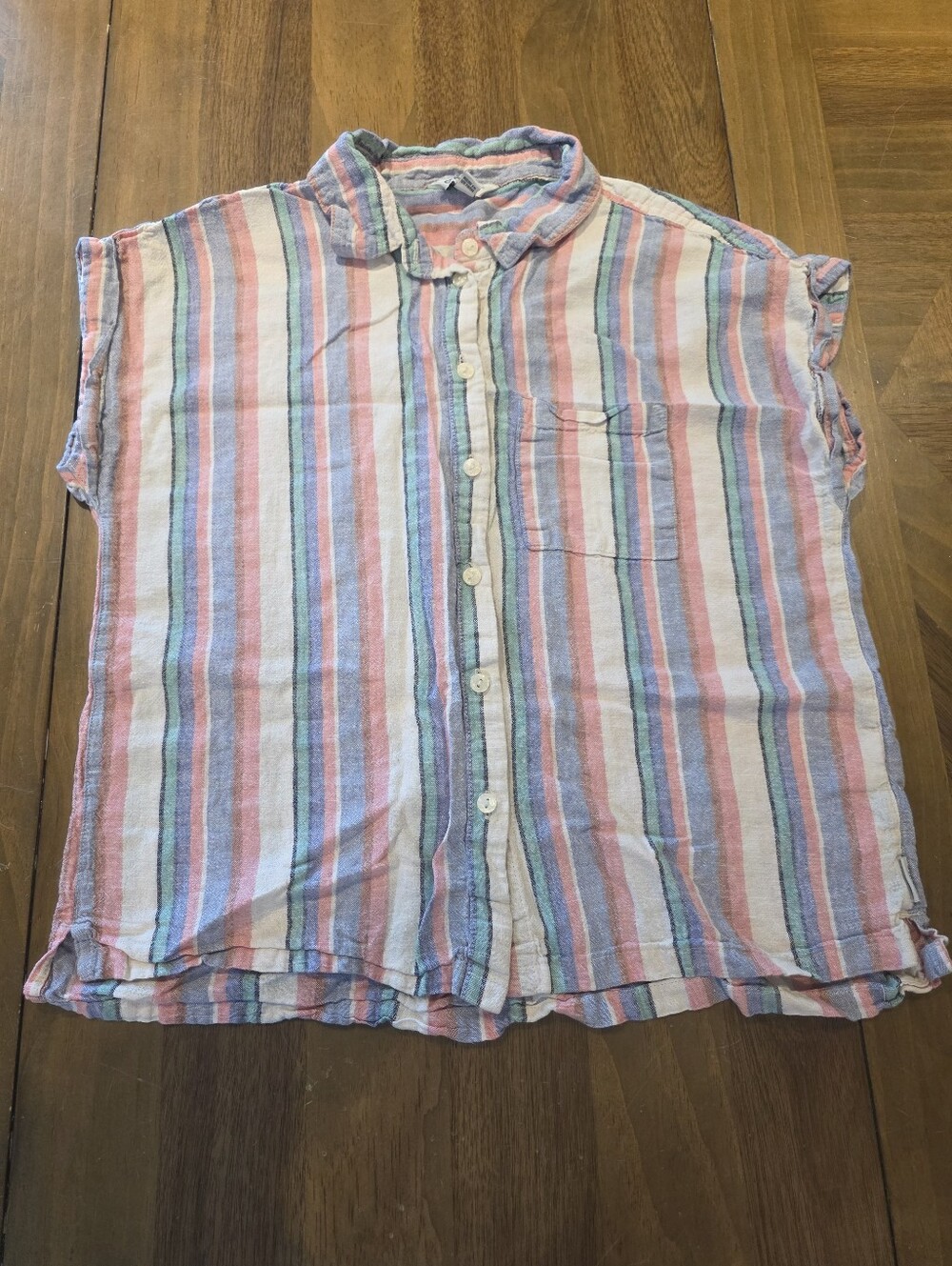 Orvis Linen Blend Button Up Camp Shirt Sz Small Pastel Stripe Summer Beach